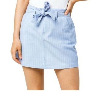 Sky and Sparrow blue pinstripe mini skirt. tie belt, and front pockets.